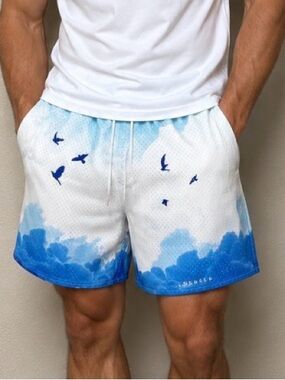 YoungLA Sky Blue & White Cloud Bird Mesh Shorts NAVY birds pockets SZ M